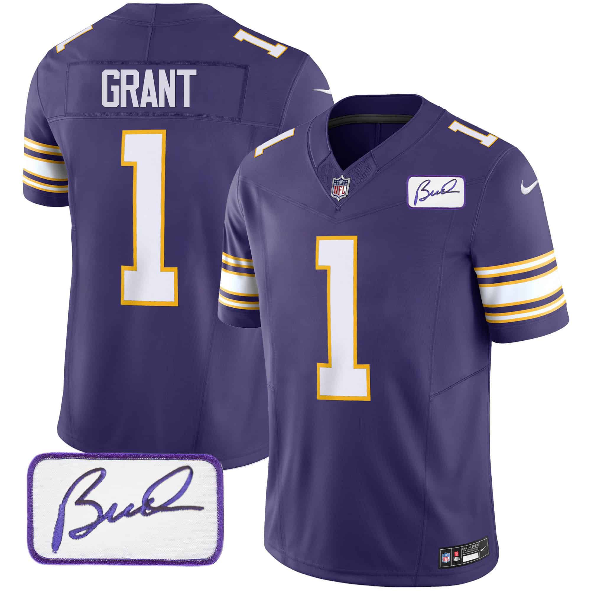 Men Minnesota Vikings #1 Grant Purple 2024 Nike Bud Grant Patch Classic Limited NFL Jersey style 1->indianapolis colts->NFL Jersey